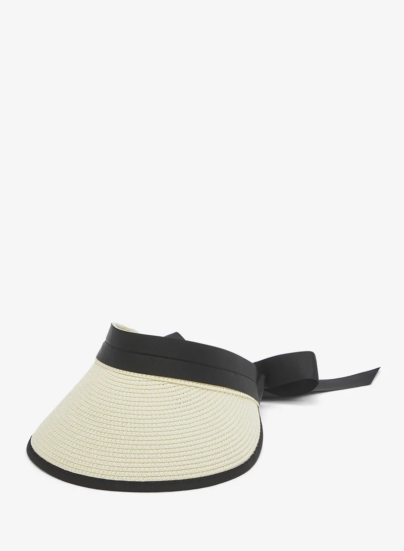 جينجر Raffia Material Visor Cap With Ribbon Tie Detail